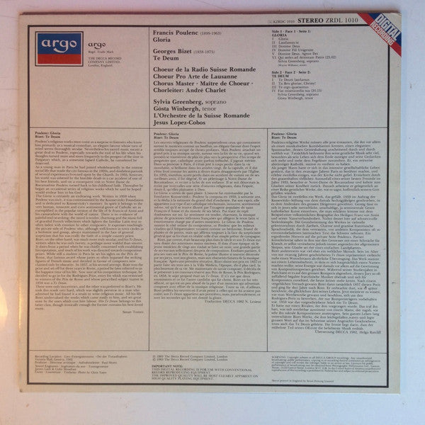 Francis Poulenc / Georges Bizet - Sylvia Greenberg • Gösta Winbergh, Chœur De La Radio Suisse Romande • Chœur Pro Arte De Lausanne, L'Orchestre De La Suisse Romande, Jesús López-Cobos : Gloria / Te Deum (LP)