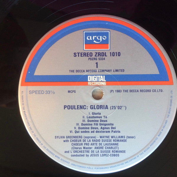 Francis Poulenc / Georges Bizet - Sylvia Greenberg • Gösta Winbergh, Chœur De La Radio Suisse Romande • Chœur Pro Arte De Lausanne, L'Orchestre De La Suisse Romande, Jesús López-Cobos : Gloria / Te Deum (LP)