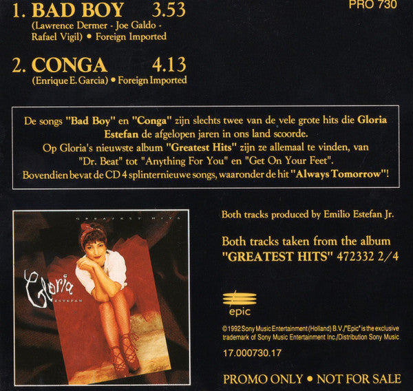 Gloria Estefan : Bad Boy (CD, Single, Promo, Car)