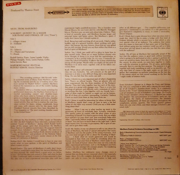 Franz Schubert - Rudolf Serkin / Jaime Laredo / Leslie Parnas / Philipp Naegele / Julius Levine : "Trout" Quintet (LP)