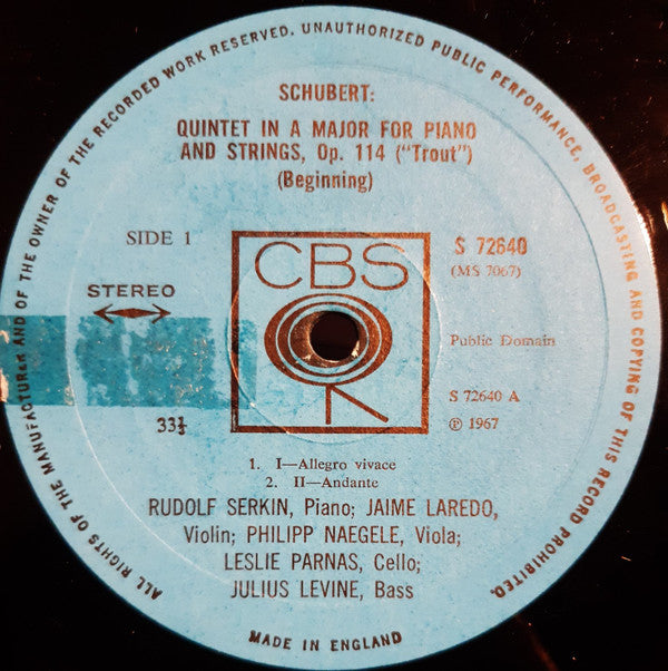Franz Schubert - Rudolf Serkin / Jaime Laredo / Leslie Parnas / Philipp Naegele / Julius Levine : "Trout" Quintet (LP)