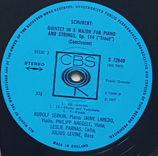 Franz Schubert - Rudolf Serkin / Jaime Laredo / Leslie Parnas / Philipp Naegele / Julius Levine : "Trout" Quintet (LP)