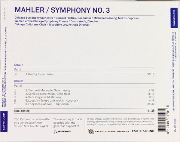 Gustav Mahler, Chicago Symphony Orchestra, Bernard Haitink, Michelle DeYoung : Symphony No. 3 (2xCD, Album)