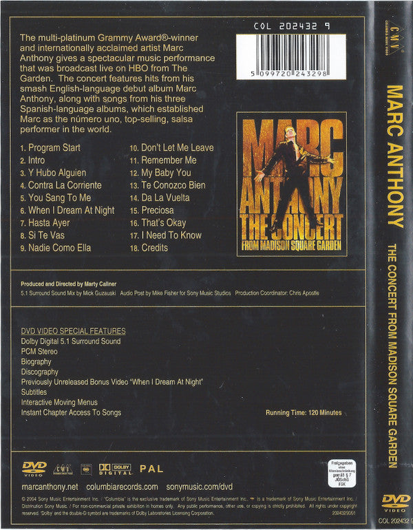 Marc Anthony : The Concert From Madison Square Garden  (DVD-V, Album, PAL)