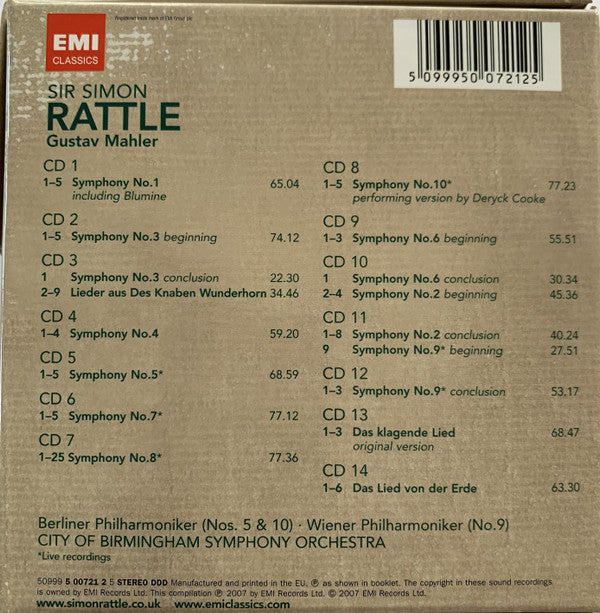 Gustav Mahler - Berliner Philharmoniker, City Of Birmingham Symphony Orchestra, Wiener Philharmoniker, Sir Simon Rattle : The Complete Symphonies 1-10 · Das Klagende Lied · Das Lied von Der Erde · Songs From Des Knaben Wunderhorn (14xCD, Comp + Box)