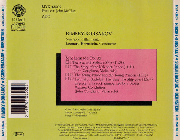 Nikolai Rimsky-Korsakov, New York Philharmonic, Leonard Bernstein : Scheherazade (CD, Album, RE)