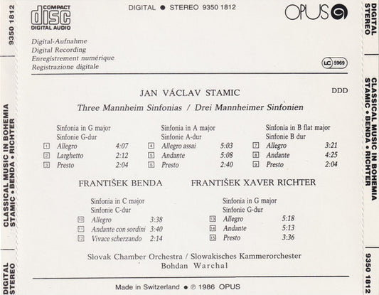 Jan Václav Antonín Stamic, František Benda, Franz Xaver Richter - Slovak Chamber Orchestra, Bohdan Warchal : Classical Music In Bohemia (CD, Album)
