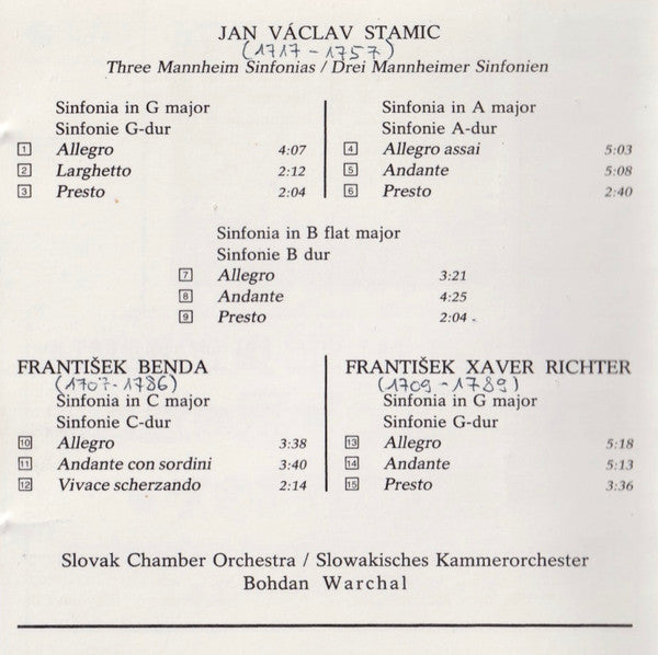 Jan Václav Antonín Stamic, František Benda, Franz Xaver Richter - Slovak Chamber Orchestra, Bohdan Warchal : Classical Music In Bohemia (CD, Album)