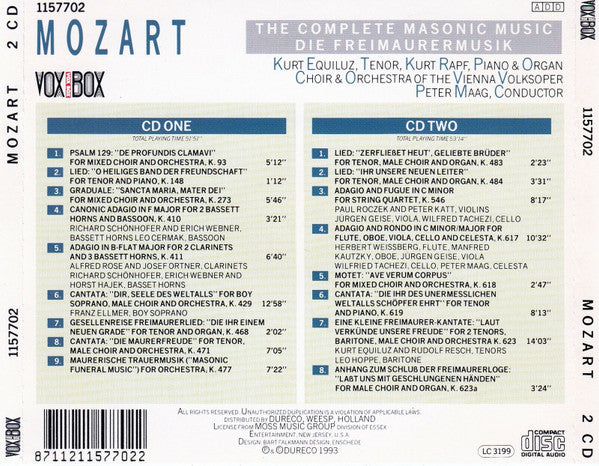 Wolfgang Amadeus Mozart - Kurt Equiluz, Kurt Rapf, Wiener Volksopernorchester, Chor Der Wiener Volksoper, Peter Maag : The Complete Masonic Music - Die Freimaurermusik (2xCD, Album)