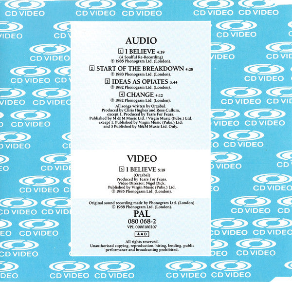 Tears For Fears : I Believe (A Soulful Re-recording) (CDV, 5", Single, PAL)