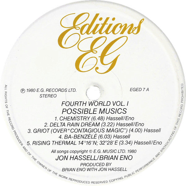 Jon Hassell / Brian Eno : Fourth World Vol. 1 - Possible Musics (LP, Album)