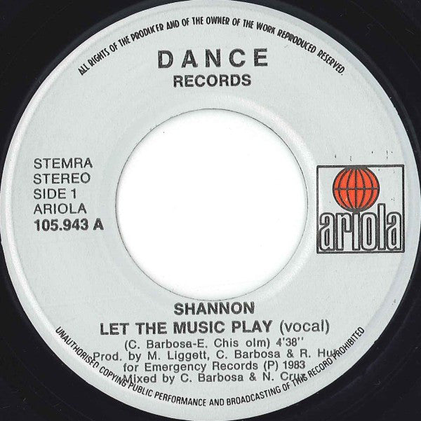 Shannon : Let The Music Play (7", Single)