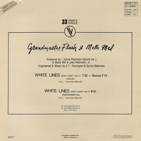 Grandmaster Flash & Melle Mel : White Lines (Don't Don't Do It) (12", Single, Ltd)