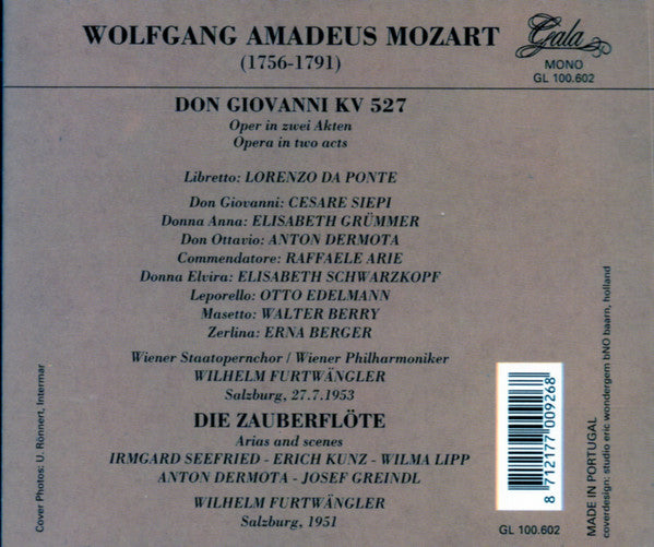 Wolfgang Amadeus Mozart, Cesare Siepi, Elisabeth Grümmer, Anton Dermota, Elisabeth Schwarzkopf , Conductor: Wilhelm Furtwängler : Don Giovanni (3xCD, Album, RE, RM)
