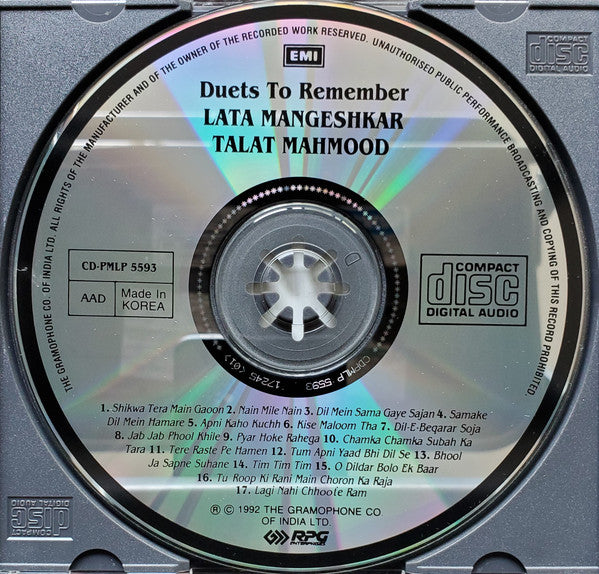 Lata Mangeshkar, Talat Mahmood : Hits To Remember (CD, Comp)