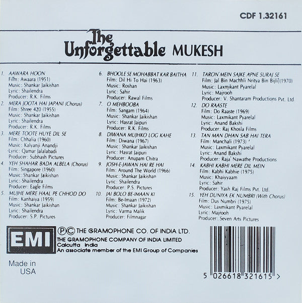 Mukesh : The Unforgettable Mukesh (CD, Comp)