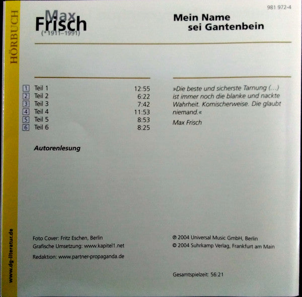 Max Frisch : Mein Name Sei Gantenbein (CD, RE)