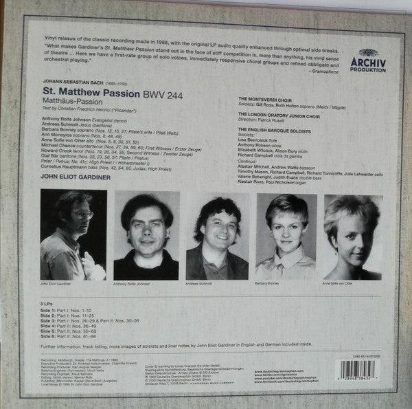 J.S. Bach* • John Eliot Gardiner : St. Matthew Passion = Matthäus-Passion = Passion Selon St Matthieu (3xLP, Album, RE, 180)