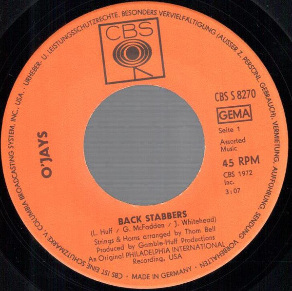 The O'Jays : Back Stabbers (7", Single)