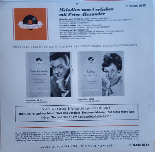 Peter Alexander : Melodien Zum Verlieben (7", EP, Mono)