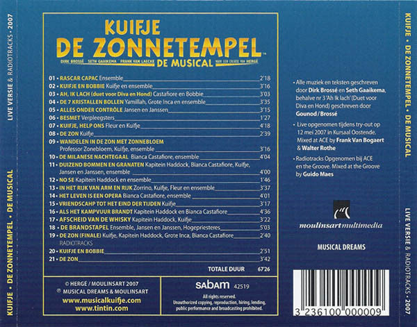 "Kuifje - De Zonnetempel - De Musical" Originele Cast : Kuifje - De Zonnetempel (De Musical) - Live Versie (CD)