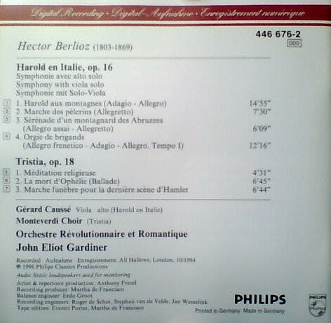 Hector Berlioz, Gérard Caussé, The Monteverdi Choir, Orchestre Révolutionnaire Et Romantique, John Eliot Gardiner : Harold En Italie / Tristia (CD, Album, RE)