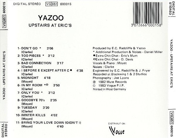 Yazoo : Upstairs At Eric's (CD, Album, Gre)