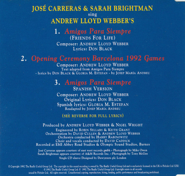 José Carreras & Sarah Brightman Sing Andrew Lloyd Webber : Amigos Para Siempre (Friends For Life) (CD, Maxi)