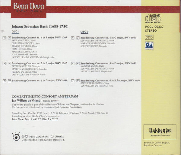 Johann Sebastian Bach, Combattimento Consort Amsterdam, Jan Willem de Vriend : Brandenburg Concertos (2xCD)