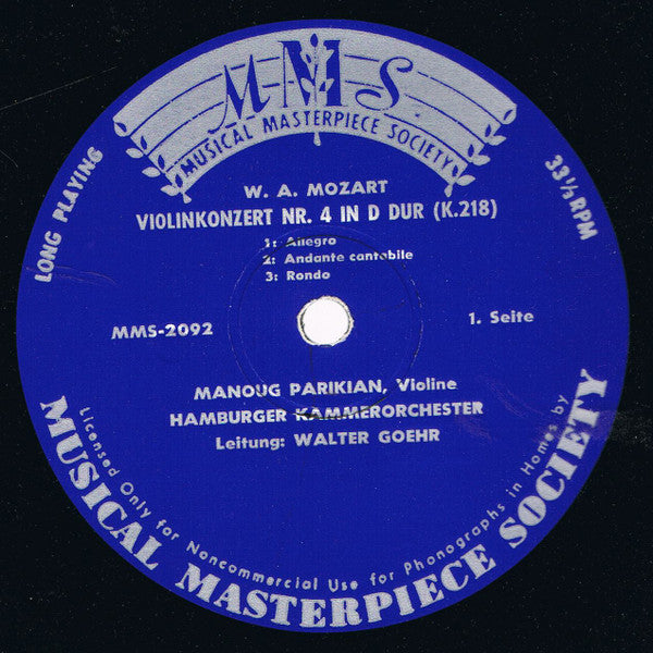 Manoug Parikian, Hamburger Kammerorchester, Walter Goehr, Wolfgang Amadeus Mozart : Violinkonzert Nr. 3 In G Dur (K. 216) / Violinkonzert Nr. 4 In D Dur (K. 218) (LP, Mono)
