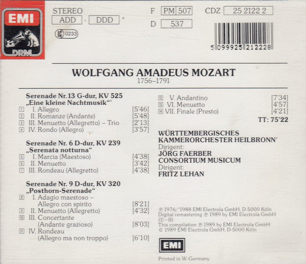 Wolfgang Amadeus Mozart, Fritz Lehan, Württembergisches Kammerorchester, Jörg Faerber, Consortium Musicum (2) : Eine Kleine Nachtmusik - Serenata Notturno - Posthorn-Serenade (CD, Comp, RM)