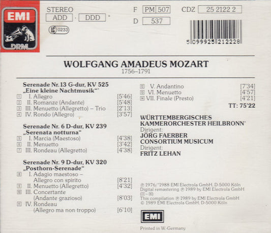 Wolfgang Amadeus Mozart, Fritz Lehan, Württembergisches Kammerorchester, Jörg Faerber, Consortium Musicum (2) : Eine Kleine Nachtmusik - Serenata Notturno - Posthorn-Serenade (CD, Comp, RM)