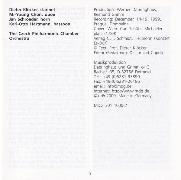 Wolfgang Amadeus Mozart, Mi-Young Chon, Dieter Klöcker, Karl-Otto Hartmann, Jan Schröder, The Czech Philharmonic Chamber Orchestra : Sinfonia Concertante For Oboe, Clarinet, Basson, Horn and Orchestra KV C 14.01 (CD, Album)