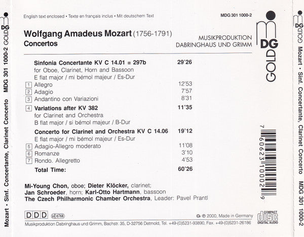 Wolfgang Amadeus Mozart, Mi-Young Chon, Dieter Klöcker, Karl-Otto Hartmann, Jan Schröder, The Czech Philharmonic Chamber Orchestra : Sinfonia Concertante For Oboe, Clarinet, Basson, Horn and Orchestra KV C 14.01 (CD, Album)