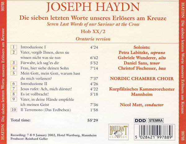 Joseph Haydn : Die Sieben Letzten Worte Unseres Erlösers Am Kreuze (Oratorio Version) (CD, Album)