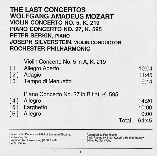Peter Serkin, Rochester Philharmonic Orchestra, Joseph Silverstein : Mozart - Violin Concerto No.5, Piano Concerto No.27 (CD, Album)