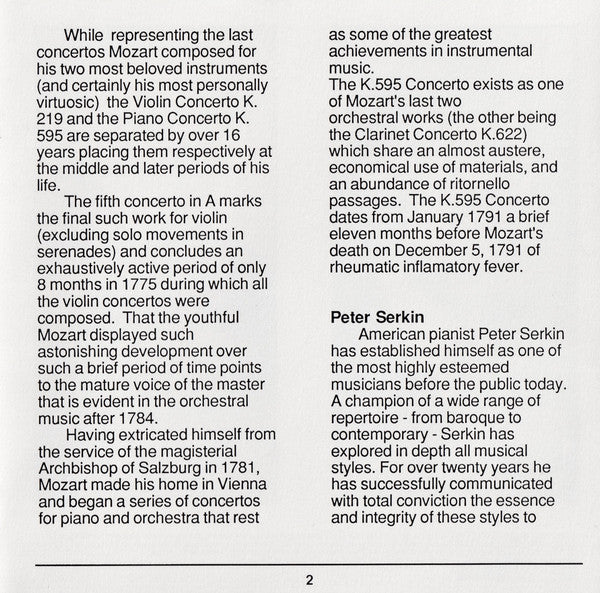 Peter Serkin, Rochester Philharmonic Orchestra, Joseph Silverstein : Mozart - Violin Concerto No.5, Piano Concerto No.27 (CD, Album)