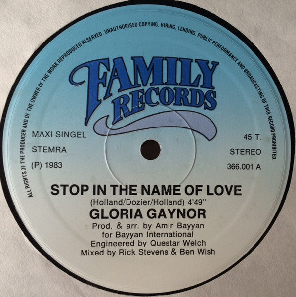 Gloria Gaynor : Stop In The Name Of Love (12", Maxi)