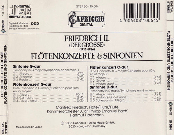 Friedrich der Grosse, Manfred Friedrich, Reinhart Vogel, Kammerorchester Carl Philipp Emanuel Bach, Hartmut Haenchen : Flötenkonzerte & Sinfonien (CD, Comp)