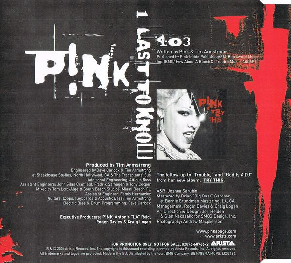 P!nk : Last To Know (CD, Single, Promo)