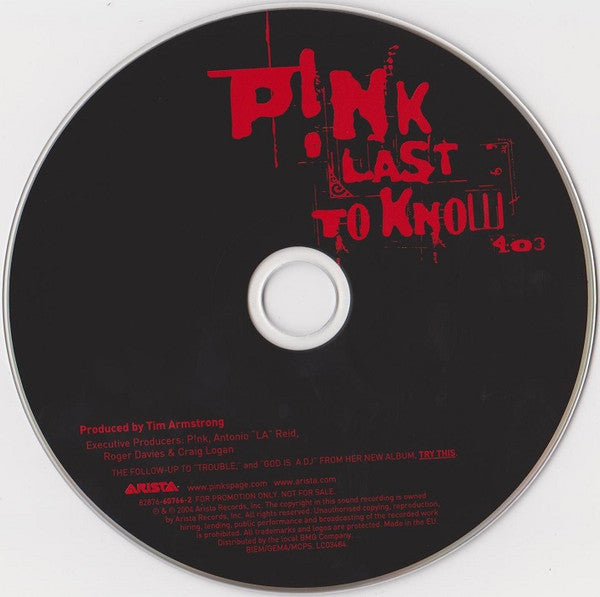P!nk : Last To Know (CD, Single, Promo)