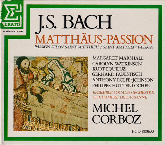 Johann Sebastian Bach - Margaret Marshall, Carolyn Watkinson, Kurt Equiluz, Gerhard Faulstich, Anthony Rolfe Johnson, Philippe Huttenlocher, Ensemble Vocal De Lausanne & Orchestre De Chambre De Lausanne, Michel Corboz : Matthäus-Passion = Passion Selon Satin-Matthieu = Saint Matthew Passion (3xCD + Box, RE)