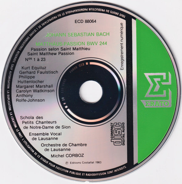 Johann Sebastian Bach - Margaret Marshall, Carolyn Watkinson, Kurt Equiluz, Gerhard Faulstich, Anthony Rolfe Johnson, Philippe Huttenlocher, Ensemble Vocal De Lausanne & Orchestre De Chambre De Lausanne, Michel Corboz : Matthäus-Passion = Passion Selon Satin-Matthieu = Saint Matthew Passion (3xCD + Box, RE)