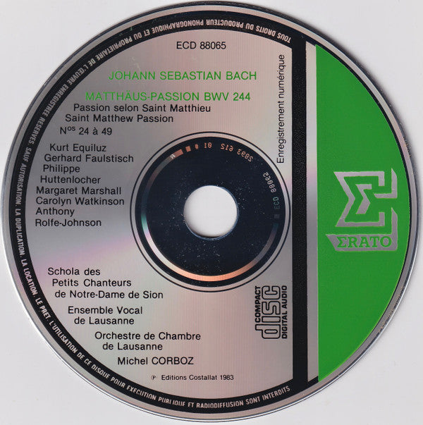 Johann Sebastian Bach - Margaret Marshall, Carolyn Watkinson, Kurt Equiluz, Gerhard Faulstich, Anthony Rolfe Johnson, Philippe Huttenlocher, Ensemble Vocal De Lausanne & Orchestre De Chambre De Lausanne, Michel Corboz : Matthäus-Passion = Passion Selon Satin-Matthieu = Saint Matthew Passion (3xCD + Box, RE)