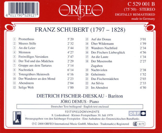 Franz Schubert, Dietrich Fischer-Dieskau, Jörg Demus : Ausgewählte Lieder (CD, Album, RM)