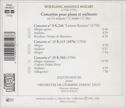 Wolfgang Amadeus Mozart, Zoltán Kocsis, Liszt Ferenc Chamber Orchestra : Concertos Pour Piano No. 8, 13, 25 (CD, Album, RE)