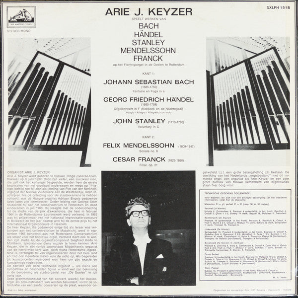 Arie J. Keijzer Speelt Werken Van Johann Sebastian Bach / Georg Friedrich Händel / John Stanley (2) / Felix Mendelssohn-Bartholdy / César Franck : Arie J. Keijzer Speelt Werken Op Het Flentroporgel In De Doelen Te Rotterdam (LP)