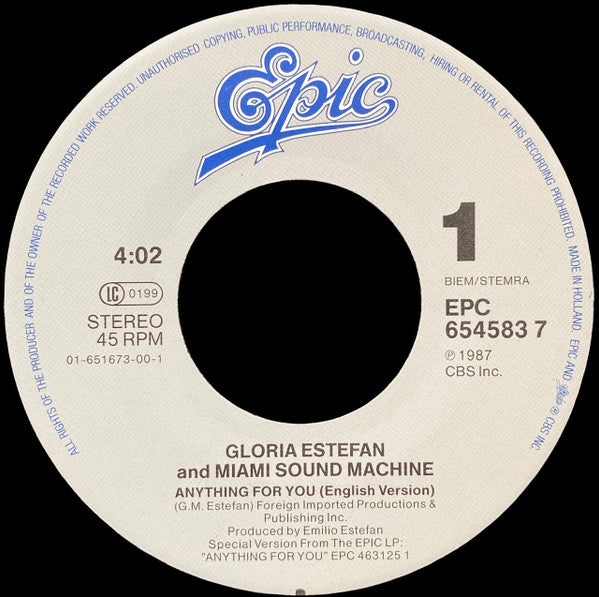Gloria Estefan And Miami Sound Machine* : Anything For You (7", Single, RE)