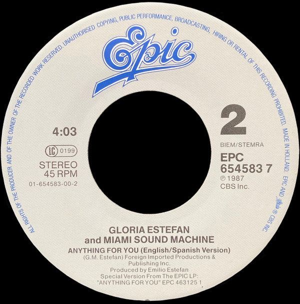 Gloria Estefan And Miami Sound Machine* : Anything For You (7", Single, RE)