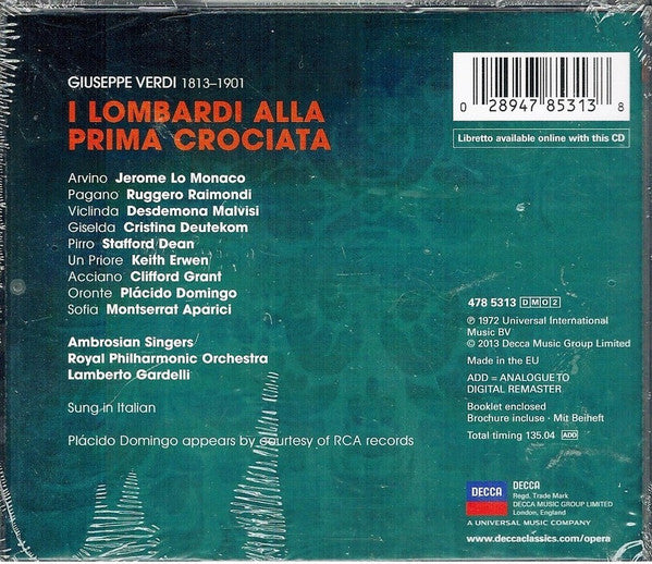Giuseppe Verdi - Cristina Deutekom · Placido Domingo · Ruggero Raimondi · The Ambrosian Singers · Royal Philharmonic Orchestra · Lamberto Gardelli : I Lombardi (2xCD, Album, RE, RM)